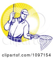 Retro Fly Fisherman Holding Out A Fishing Net Over A Circle Of Sun Rays