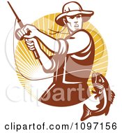 Poster, Art Print Of Retro Fly Fisherman Reeling In A Largemouth Bass Fish In A Circle Of Rays