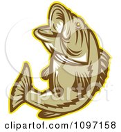 Retro Woodcut Largemouth Bass Fish Jumping