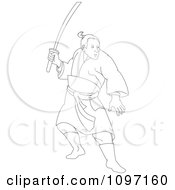 Poster, Art Print Of Outlined Japanese Samurai Warrior Holding A Katana Sword
