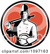 Clipart Proud Retro Male Chef Holding A Plate And Rolling Pin Over An Orange Circle Royalty Free Vector Illustration