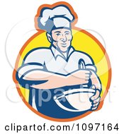 Clipart Happy Retro Male Chef Using A Mixing Bowl Over A Yellow Circle Royalty Free Vector Illustration