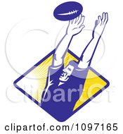 Poster, Art Print Of Retro Blue Rugby Player Catching A Line-Out Ball Over A Ray Diamond