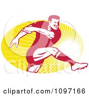 Poster, Art Print Of Retro Male Rugby Player Kicking The Ball Over Rays
