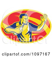 Poster, Art Print Of Retro Male Rugby Player Fending The Ball