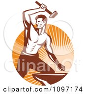 Strong Woodcut Retro Blacksmith Striking An Anvil With A Hammer Over Rays