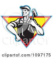 Clipart Retro Factory Blacksmith Worker Carrying A Hammer Over A Traingle Royalty Free Vector Illustration