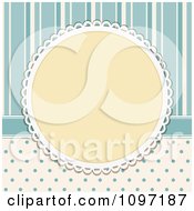 Clipart Retro Doily Circular Frame On Blue Polka Dots And Stripes Royalty Free Vector Illustration by elaineitalia