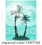 Poster, Art Print Of Blue Tropical Island With Palm Trees And Flares With Blue Rays