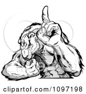 Clipart Grayscale Champion Polar Bear Mascot Flexing And Holding Up A Finger Royalty Free Vector Illustration