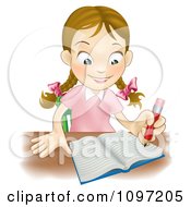 Poster, Art Print Of Happy Caucasian School Girl Writing In A School Notebook