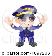 Poster, Art Print Of Friendly Airline Pilot Wearing Sunglasses And Waving With Both Hands