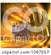 Poster, Art Print Of Silhouetted Business Team Standing Over A Golden Skyscraper Background