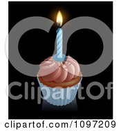 Poster, Art Print Of 3d Pink Frosted Birthday Cupcake With A Lit Candle