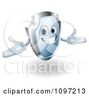 Friendly Blue And Chrome Shield Mascot Holding His Hands Out