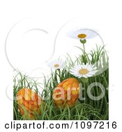 Poster, Art Print Of 3d Background Of Orange Easter Eggs In Grass With White Daisies