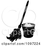 Clipart Black And White Mop Resting Against A Cleaning Bucket Royalty Free Vector Illustration by Pams Clipart