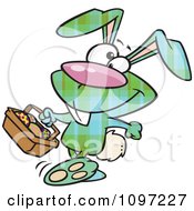 Poster, Art Print Of Happy Green Plaid Easter Bunny Carrying A Basket Of Eggs
