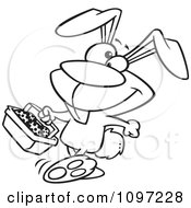 Clipart Outlined Happy Easter Bunny Carrying A Basket Of Eggs Royalty Free Vector Illustration