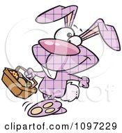Clipart Happy Purple Plaid Easter Bunny Carrying A Basket Of Eggs Royalty Free Vector Illustration