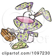 Poster, Art Print Of Happy Speckled Easter Bunny Carrying A Basket Of Eggs
