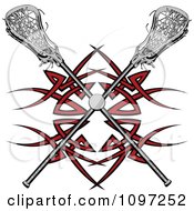 Poster, Art Print Of Lacrosse Ball And Sticks Over A Red Tribal Design