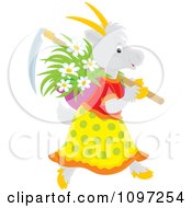 Poster, Art Print Of Female Gardening Goat Carrying A Scythe And Basket Of Flowers