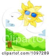Poster, Art Print Of Happy Sun Wearing Shades In The Sky With Birds Over Hills
