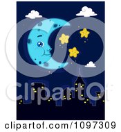 Poster, Art Print Of Blue Crescent Moon And Happy Stars Over A City Skyline