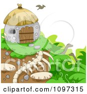 Bird Flying Over A Prehistoric Hut On A Cliff Over Dinosaurs
