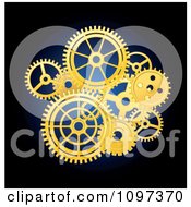 Poster, Art Print Of Golden Mechanical Gear Cogs Over Blue And Black