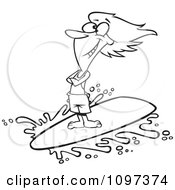 Outlined Happy Surfer Girl Riding A Wave