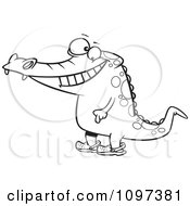 Clipart Outlined Happy Crocodile Standing Upright And Wearing Crocs On His Feet Royalty Free Vector Illustration
