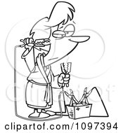 Clipart Outlined Tired Woman Trying To Recharge With A Battery Jump Start Kit Royalty Free Vector Illustration