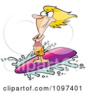 Clipart Happy Blond Surfer Girl Riding A Wave Royalty Free Vector Illustration