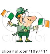 Happy Irish Man Leprechaun Waving Two Flags