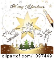 Poster, Art Print Of Merry Christmas Greeting Drawn By A Pen Over Santas Magic Sleigh And Trees