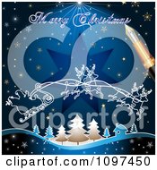Poster, Art Print Of Merry Christmas Greeting Drawn By A Pen Over Santas Magic Sleigh And Blue