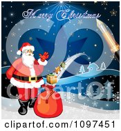 Poster, Art Print Of Merry Christmas Greeting Drawn By A Pen Over Santa With A Magic Gift Sack