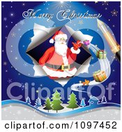 Poster, Art Print Of Merry Christmas Greeting Drawn By A Pen Over Santa Delivering Gifts