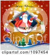 Poster, Art Print Of Merry Christmas Greeting Over Over Santa Delivering Gifts