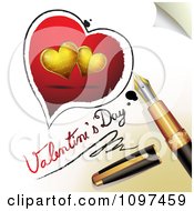 Poster, Art Print Of 3d Fountain Pen Drawing Red And Gold Hearts And Valentines Day Text On A Page