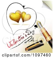 Poster, Art Print Of 3d Fountain Pen Drawing An Outline Around Two Gold Hearts And Valentines Day Text On A Page