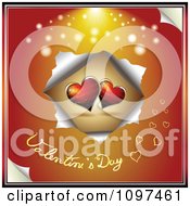 Poster, Art Print Of Valentines Day Text Under A Torn Orange Background With Red Hearts