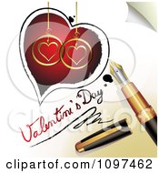 Poster, Art Print Of 3d Fountain Pen Drawing A Heart Outline Around Red And Golden Hearts And Valentines Day Text On A Page
