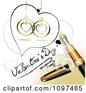 3d Fountain Pen Drawing A Heart Outline Around Ornaments And Valentines Day Text On A Page