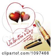 Poster, Art Print Of 3d Fountain Pen Drawing A Heart Outline Around Red Hearts And Valentines Day Text On A Page