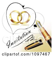 Poster, Art Print Of 3d Fountain Pen Drawing A Heart Outline Around Wedding Rings And Invitation Text On A Page