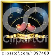 Two Red Hearts Over A Valentinse Day Banner With Ornaments And A Gold Frame