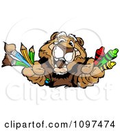 Poster, Art Print Of Happy Cougar Mascot Holding Out Art Crayons Paintbrushes And Pencils